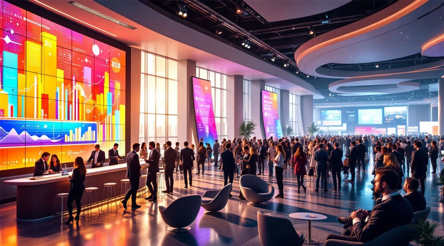 B2B event marketing illustration showing audience targeting, promotion channels, and lead generation