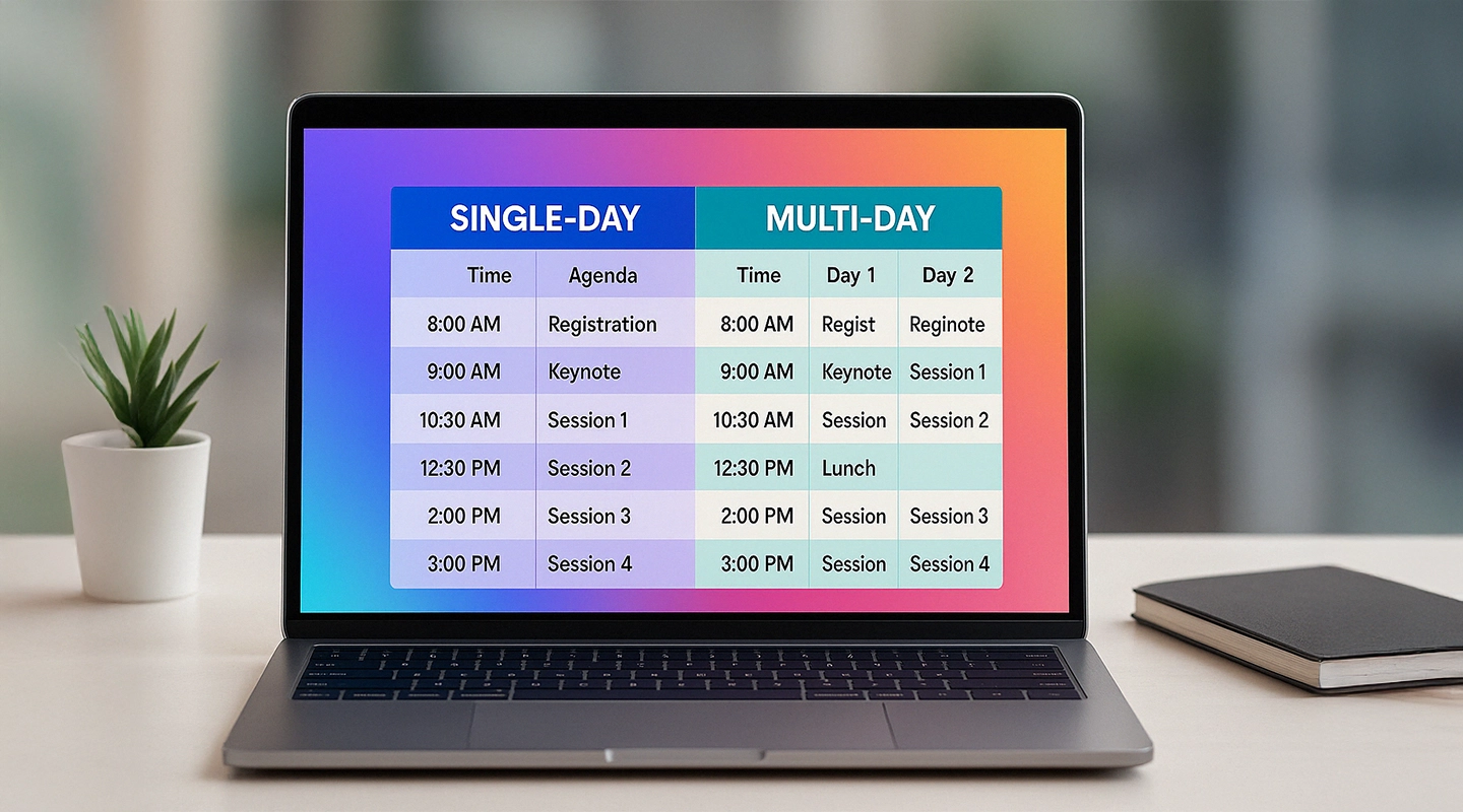 Conference agenda template highlighting session titles, speakers, timings, and locations