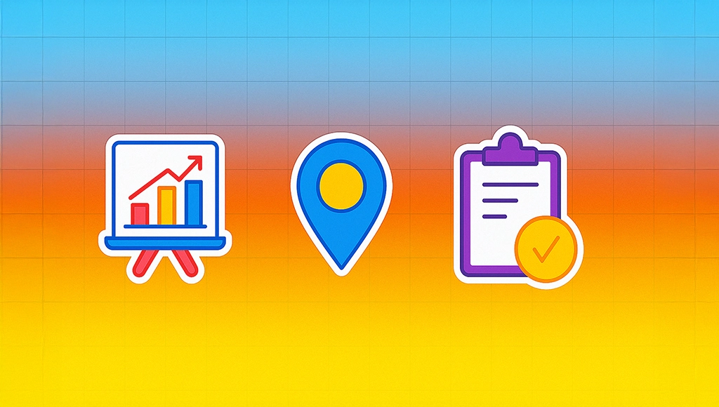 Illustrated conference planning graphic with a rising chart, a location pin, and a checked clipboard