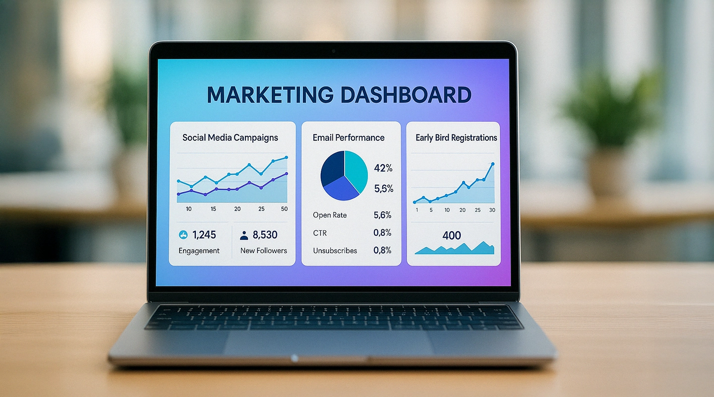 Illustration of a conference marketing dashboard tracking campaigns, registrations, and promotion performance