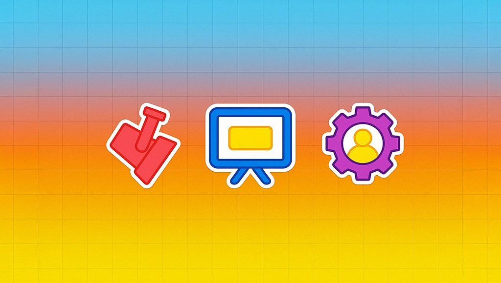 Illustrated pushpin, presentation screen, and gear icons on a gradient grid background