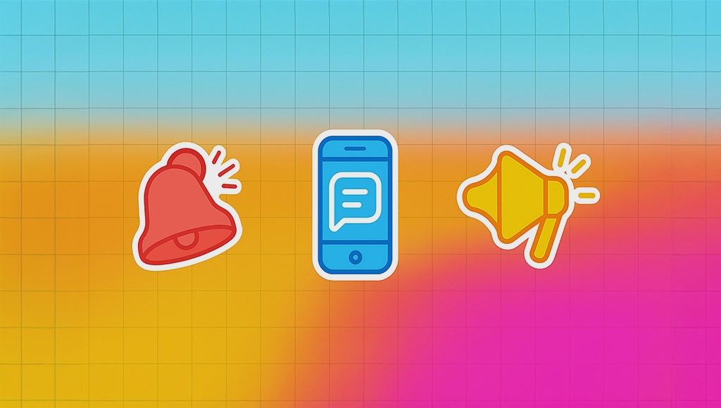 Illustrated event announcement graphic with a ringing bell, a smartphone message icon, and a megaphone