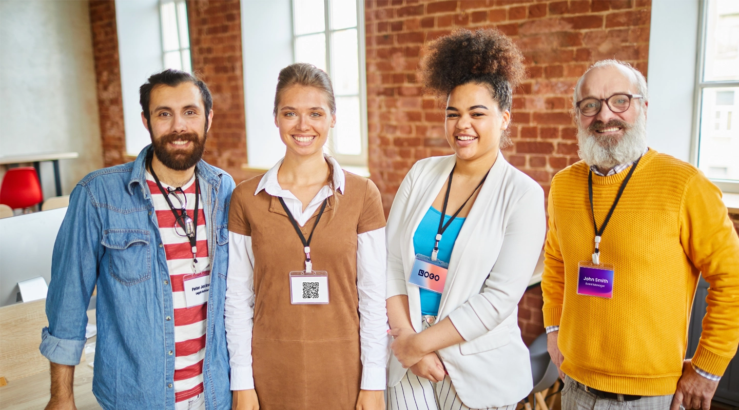 Event attendees wearing custom badges for identification and access control