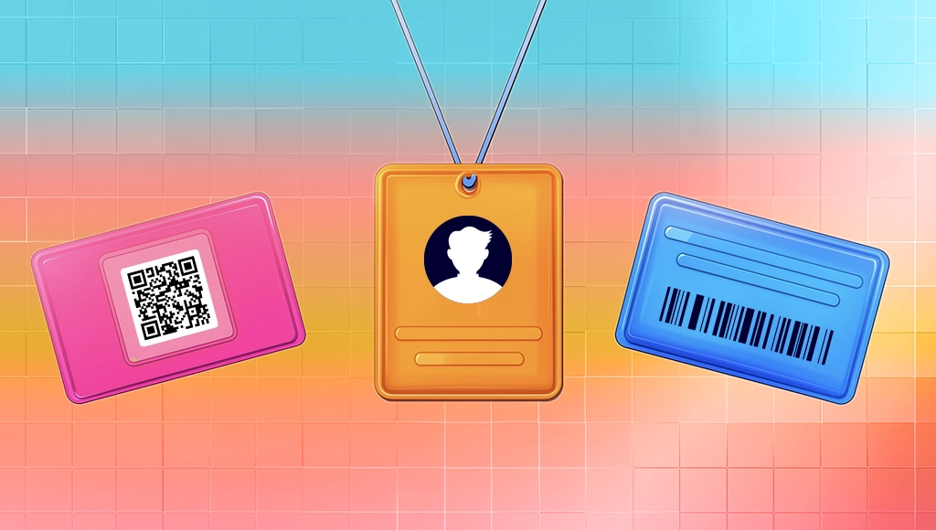 Illustrated event badge cover with attendee passes, a QR code, and a security check icon