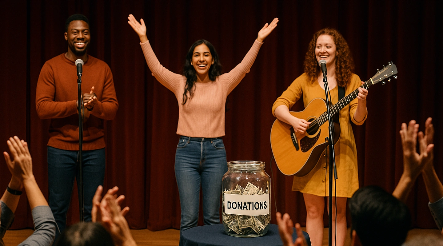 Performers on stage at a fundraiser with a donation jar in front of an applauding audience