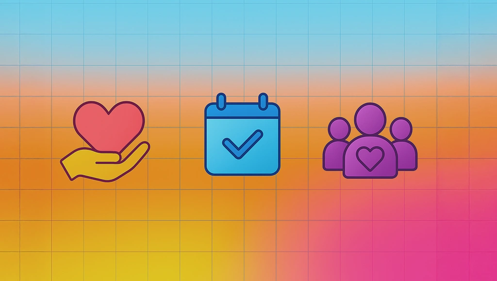 Illustrated charity event graphic with a hand holding a heart, a checked calendar, and a donor group icon