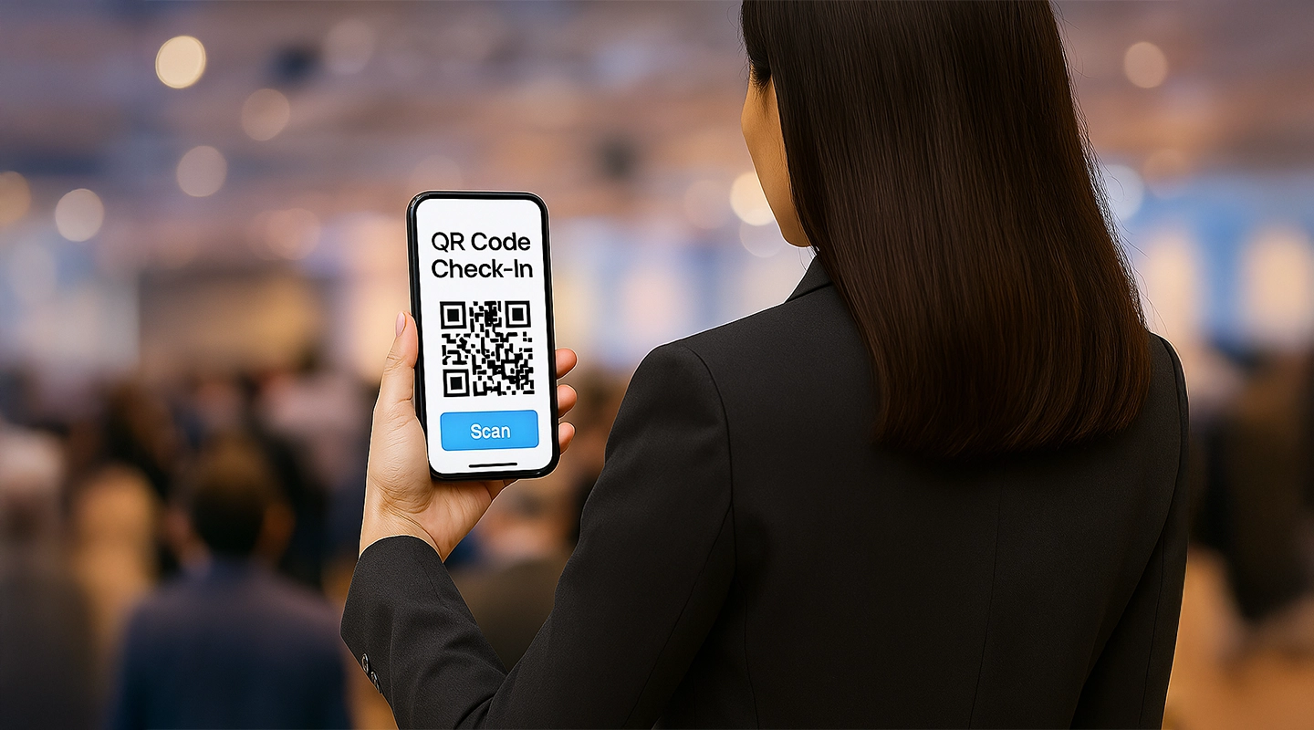 Illustration of attendees using a fast digital check-in flow with mobile confirmation and badge collection