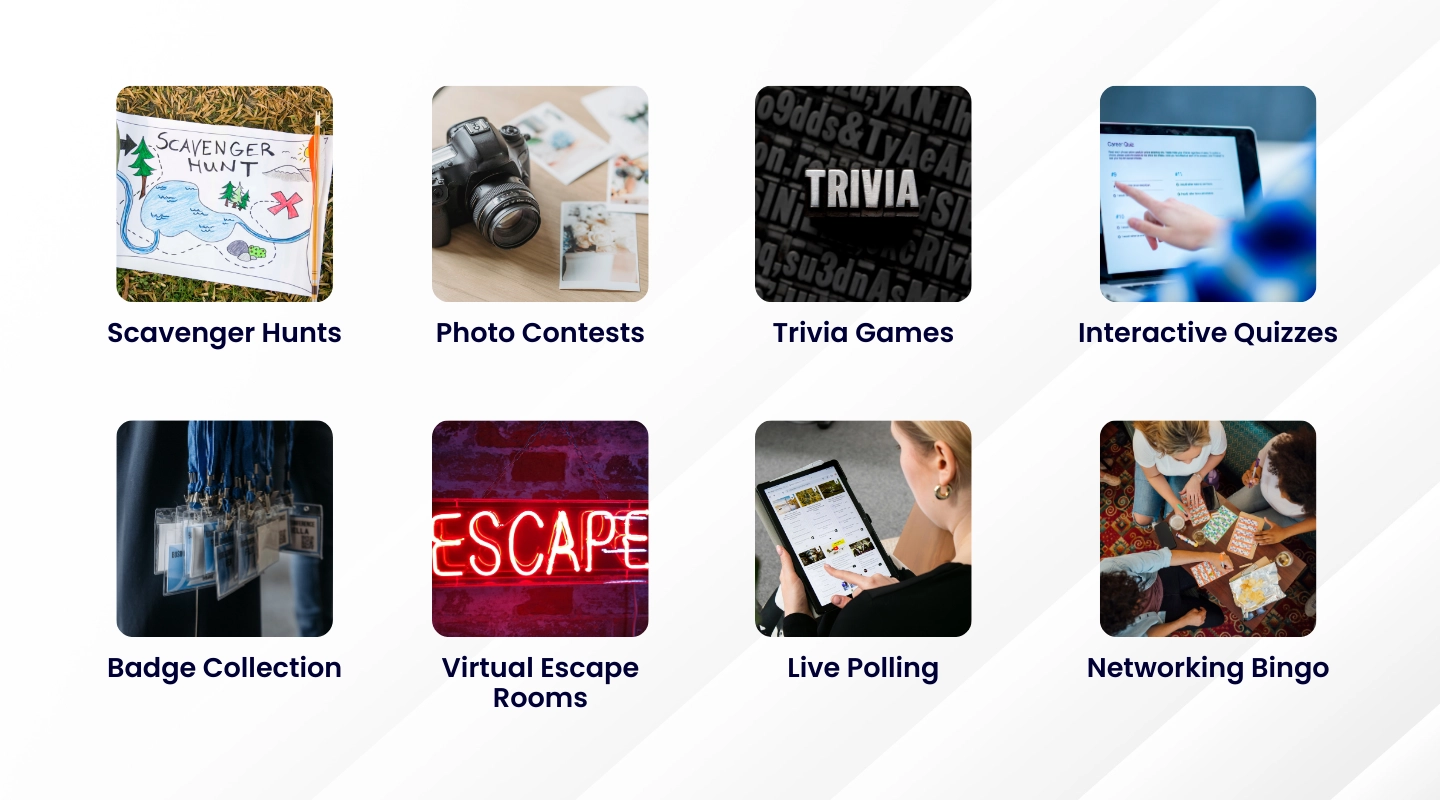 Illustration of event gamification ideas including quizzes, points, and leaderboards