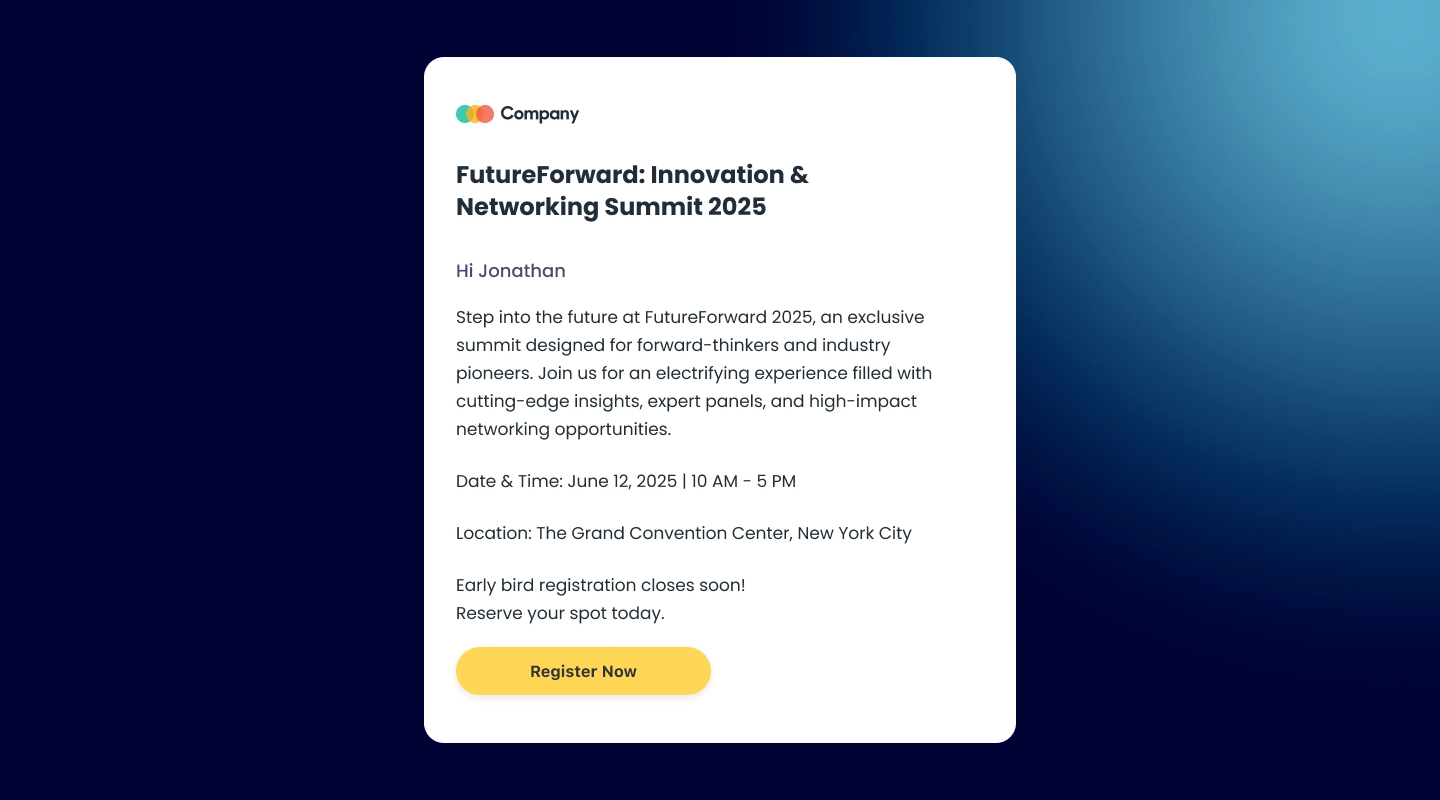 Personalized digital event invitation with attendee name, date, location, and registration button