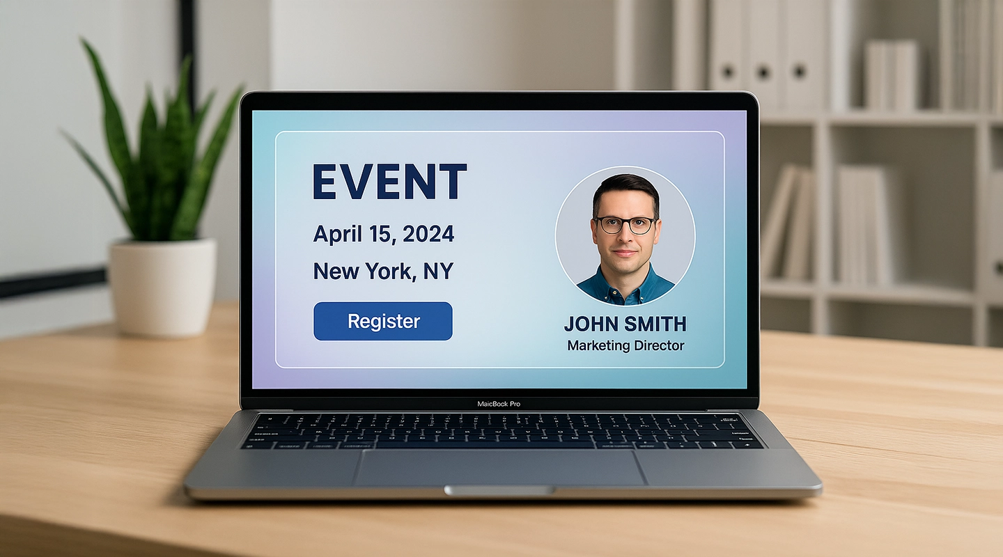 Event landing page layout showing headline, event details, and registration call to action