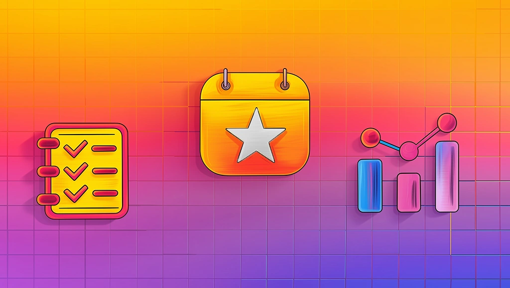 Illustrated event planning cover with a checklist, calendar, and performance chart