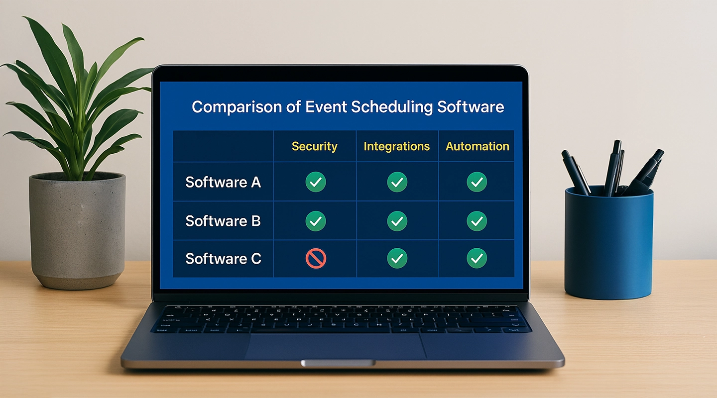 Illustration comparing event scheduling tools by automation, flexibility, and attendee experience features