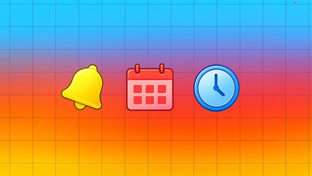 Illustrated bell, calendar, and clock icons on a gradient grid background