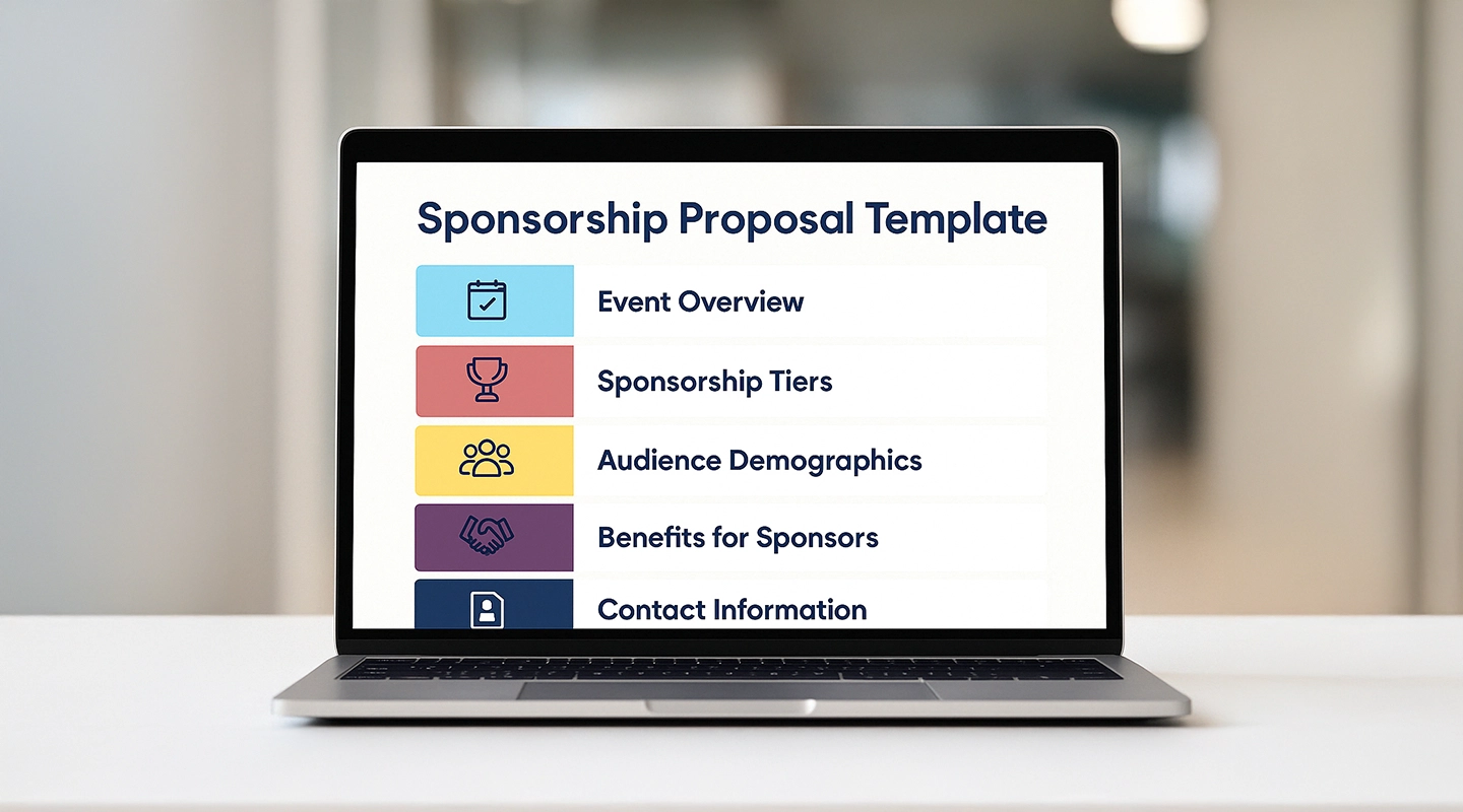Illustration of a sponsorship proposal template with audience fit, benefits, and ROI sections