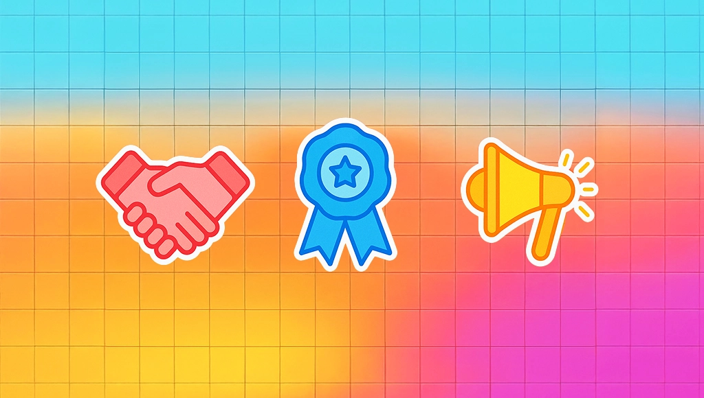 Illustrated handshake, award ribbon, and megaphone icons on a gradient grid background