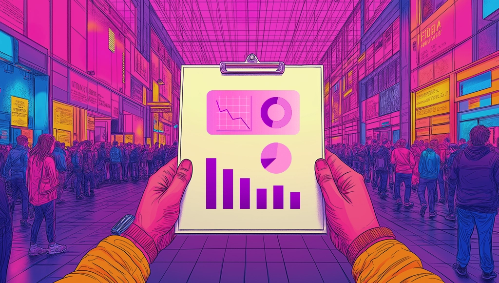 Illustrated clipboard with charts held above a crowded event venue walkway
