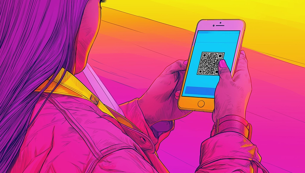 Illustrated attendee holding a smartphone with a QR code on screen at an event