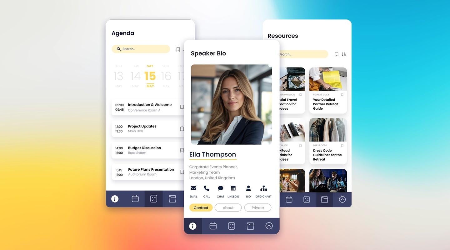 Partner retreat app screens showing an agenda, speaker bio, and shared retreat resources