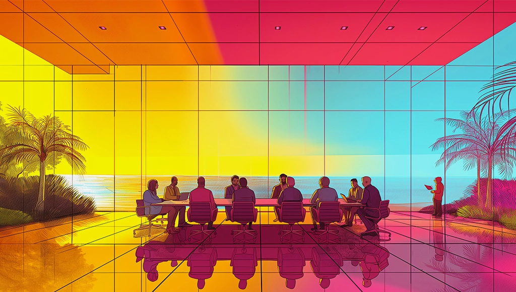 Illustrated law firm partner retreat scene with leaders meeting around a conference table