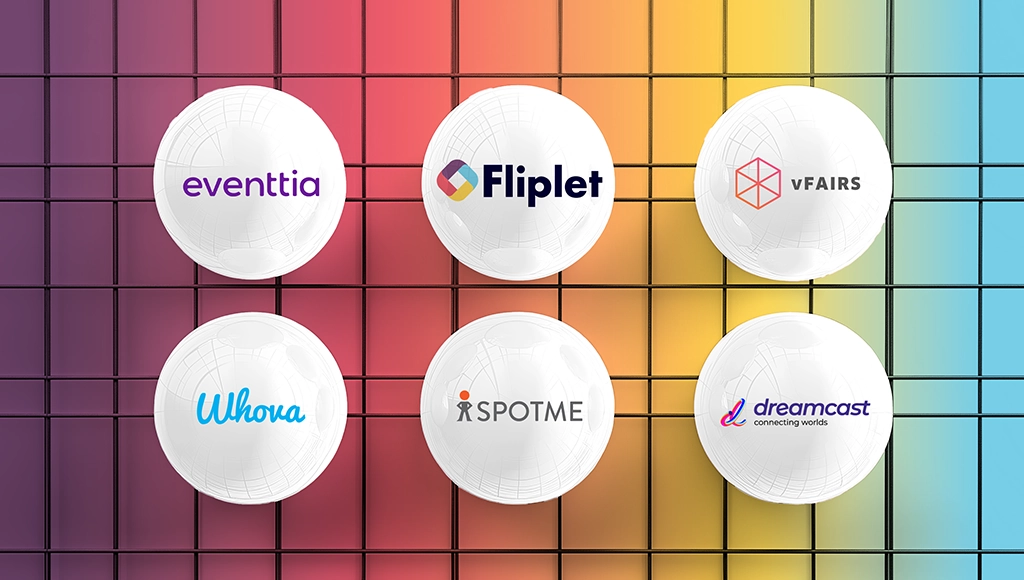 Comparison cover showing Fliplet, vFairs, Whova, SpotMe, Dreamcast, and Eventtia logos