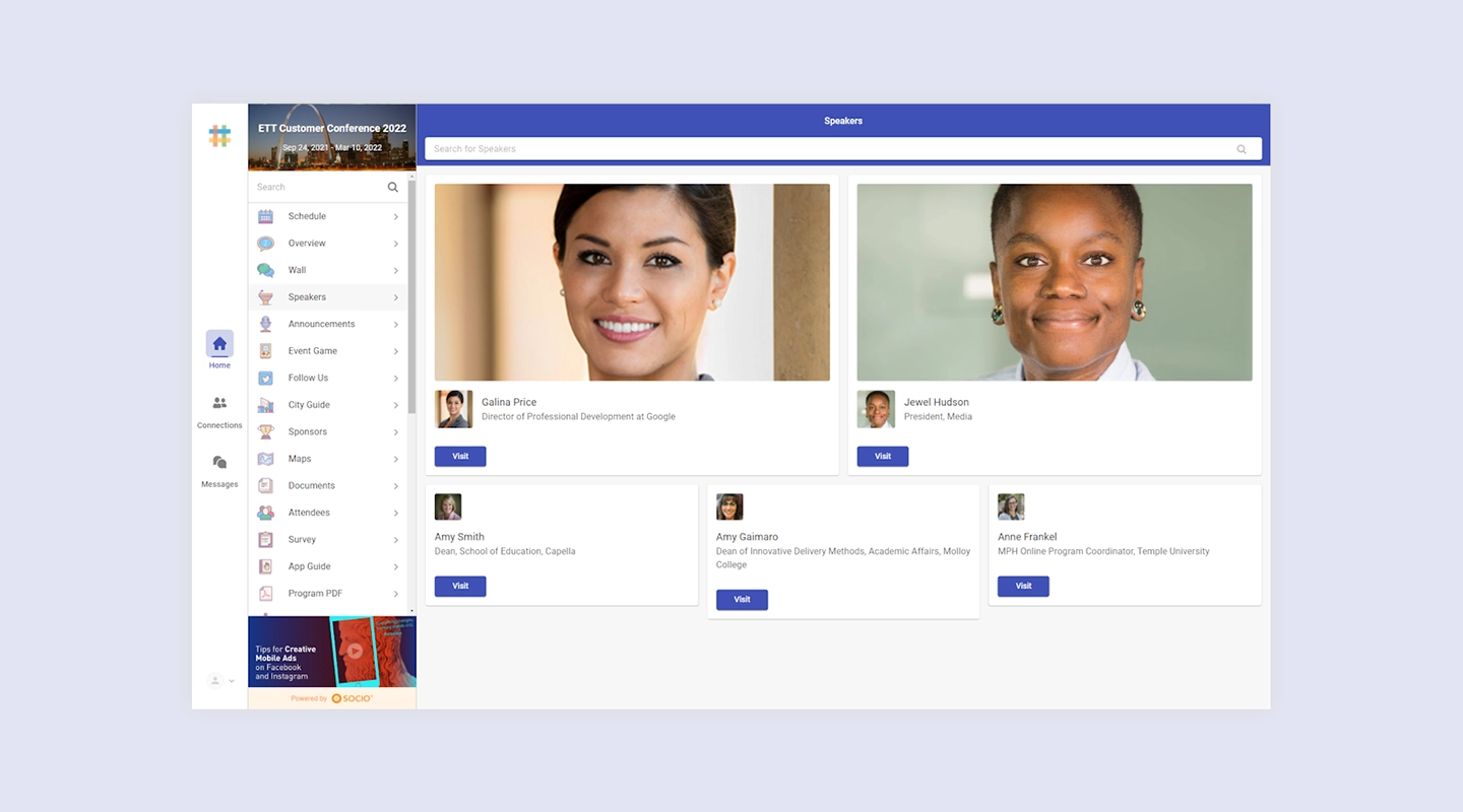 Socio event app and attendee engagement platform interface