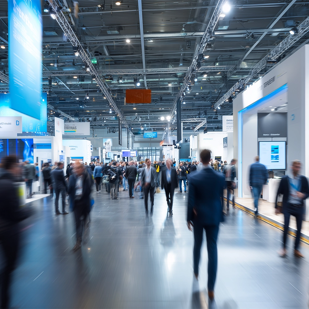 Exhibition floor with exhibitors and visitors networking