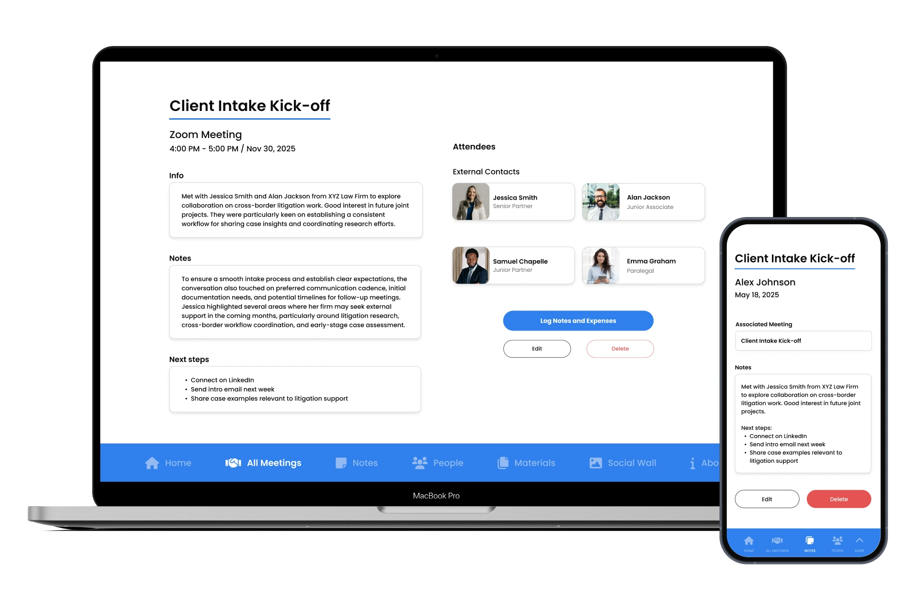 Meeting detailed view showing attendee details and past notes