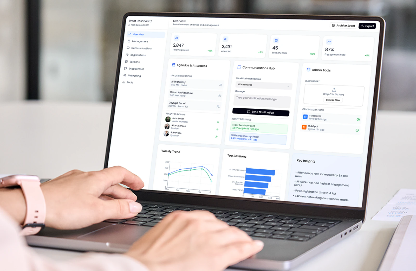 Event management dashboard with attendee controls