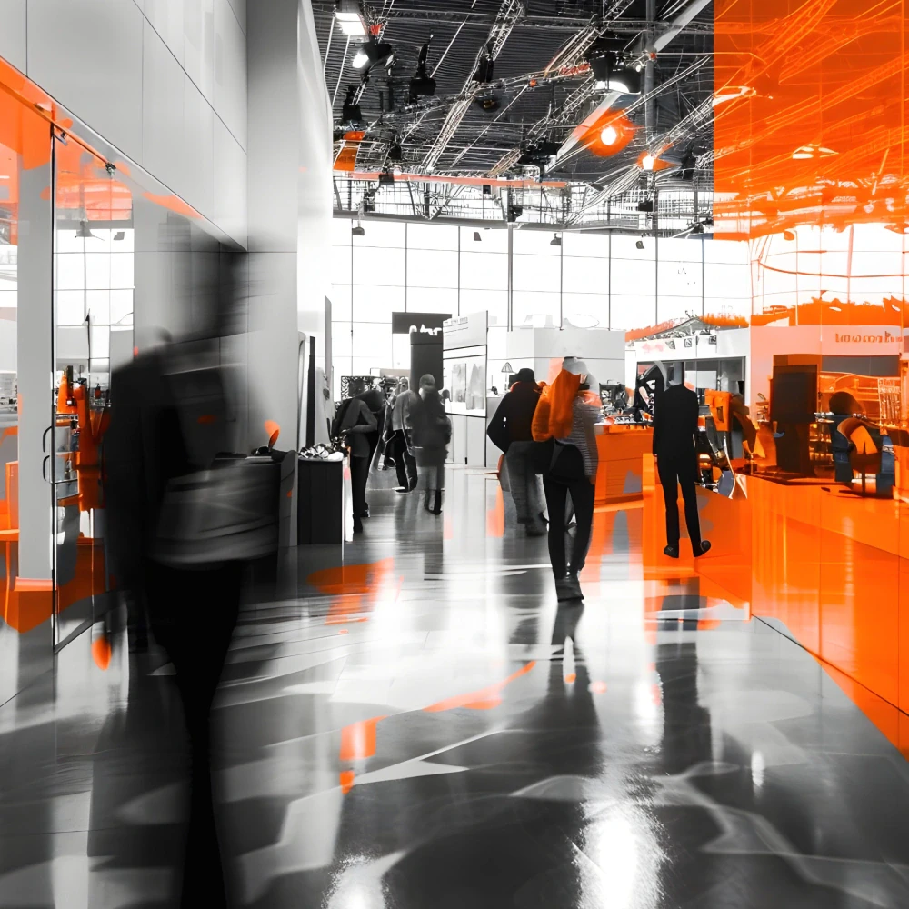 Busy trade show floor with exhibitors and attendees networking